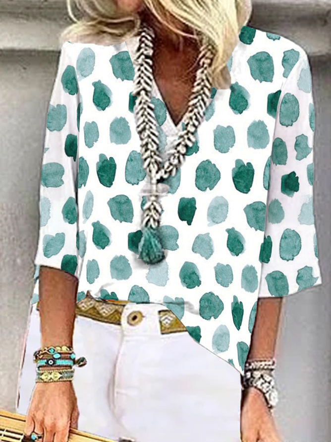 Casual Geometric V Neck Vacation Three Quarter Sleeve Blouse