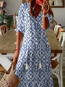 Casual V Neck Geometric Printed Dress