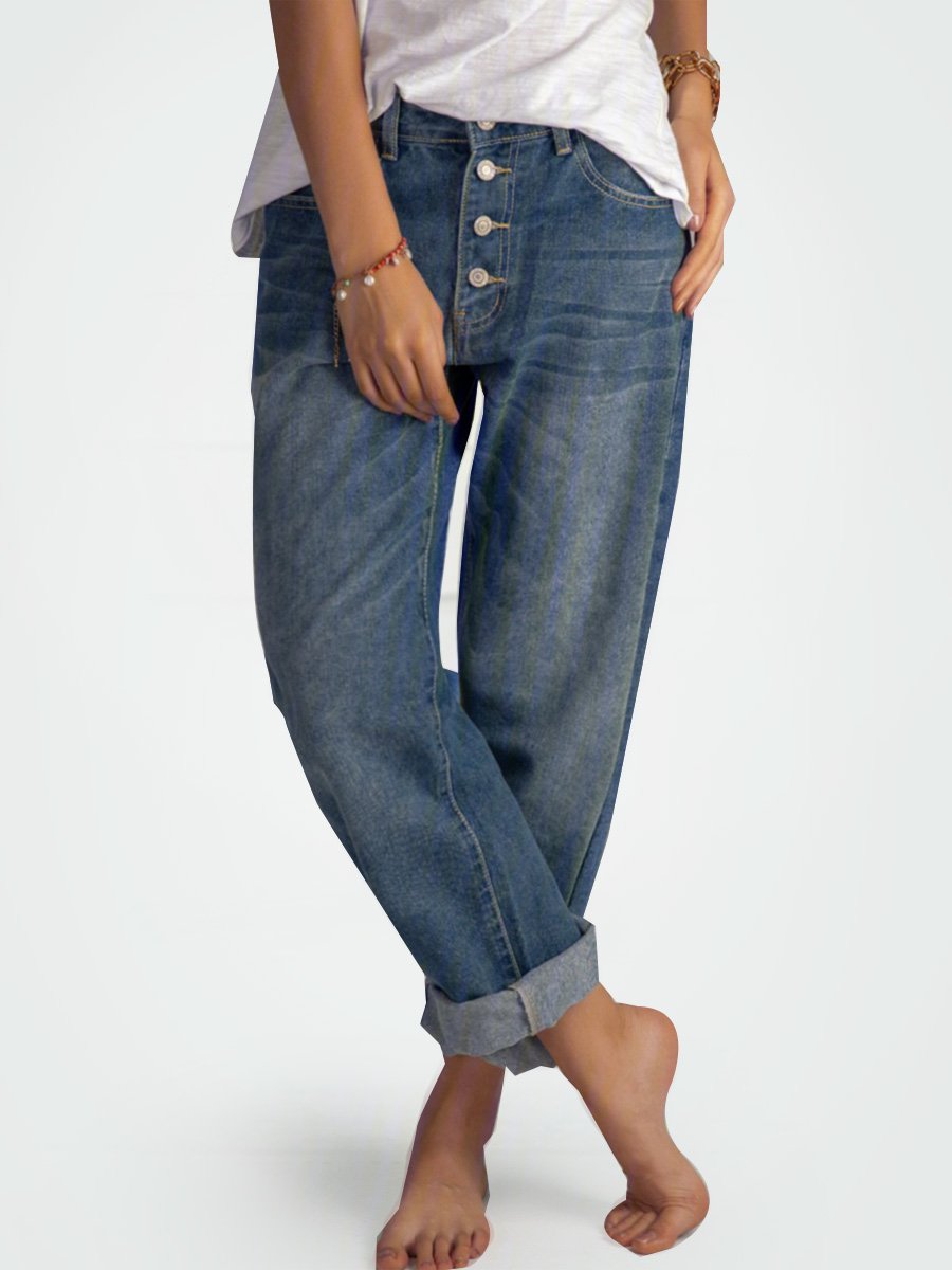 Women Casual Pockets Buttoned Jeans Blue Denim Pants