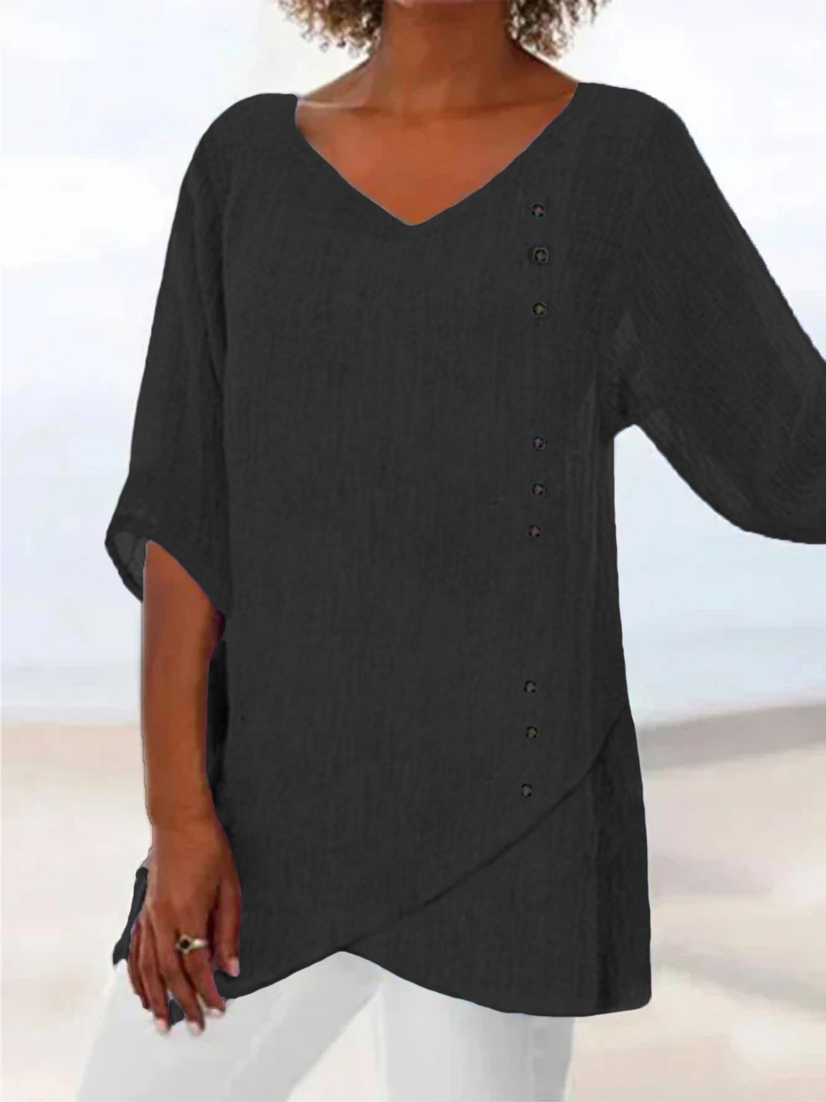 Women Loose V Neck Button Asymmetric Hem Solid 3/4 Sleeve Tunic Top