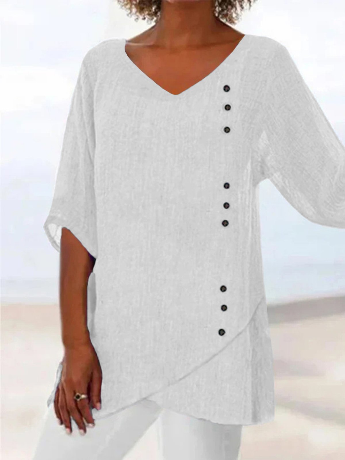 Women Loose V Neck Button Asymmetric Hem Solid 3/4 Sleeve Tunic Top