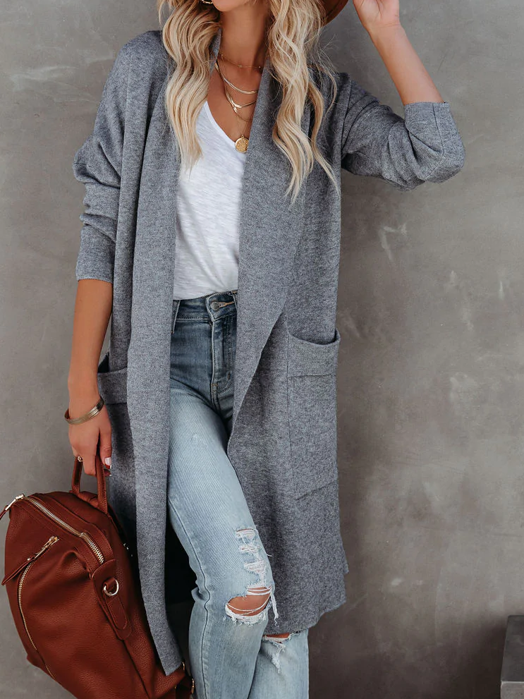 Women Long Sleeve Lapel Open Front Long Woolen Cardigan with Pockets