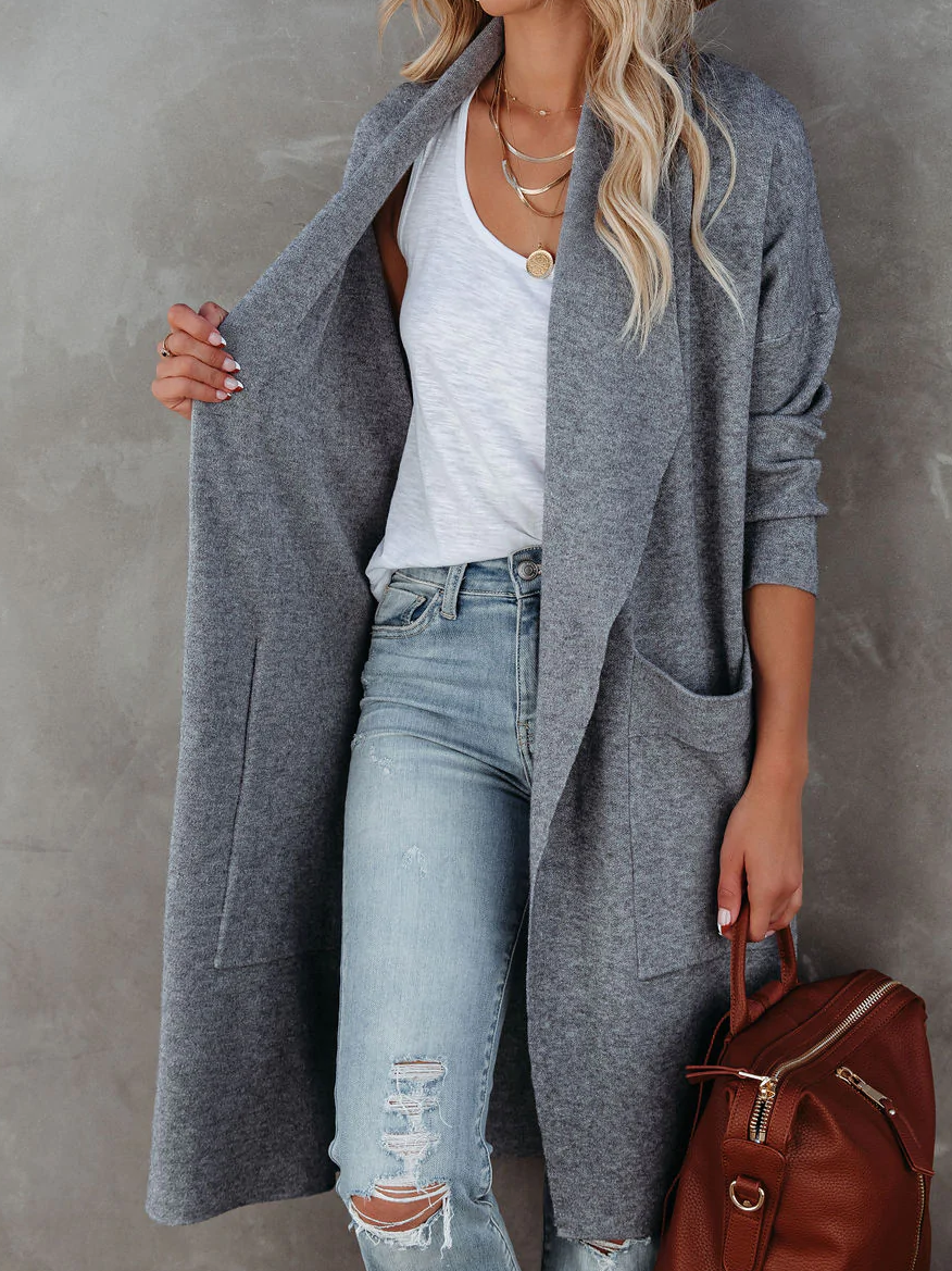 Women Long Sleeve Lapel Open Front Long Woolen Cardigan with Pockets