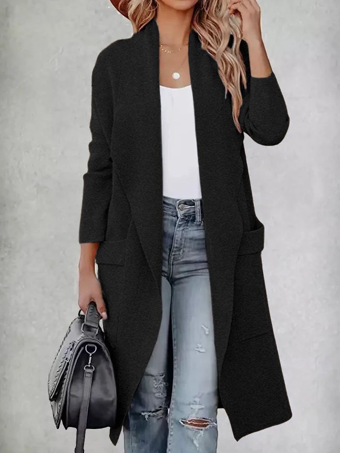 Women Long Sleeve Lapel Open Front Long Woolen Cardigan with Pockets