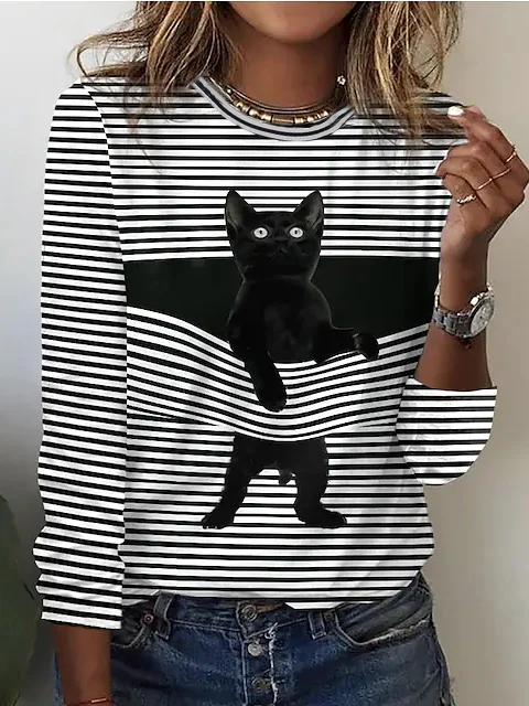 Women Striped Cat Color Block Crew Neck Long Sleeve Top