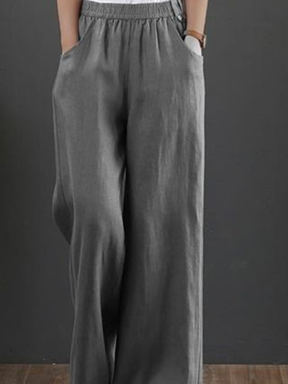 Women High Waist Loose Casual Pockets Elastic Waist Gray Cotton and Linen Pants