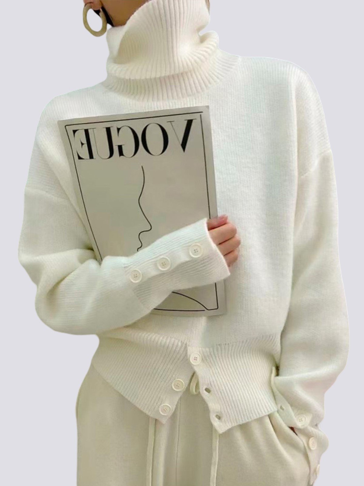 White Daily Long sleeve Turtleneck Regular Fit  Sweater