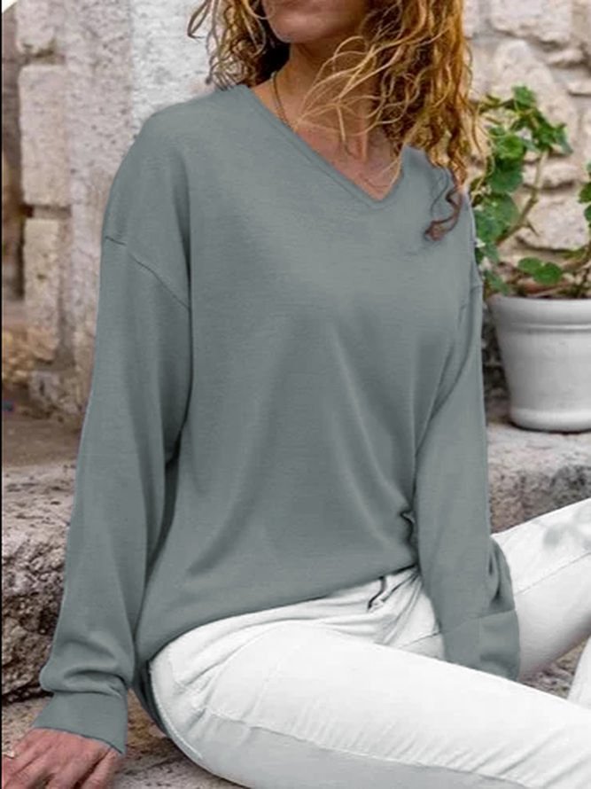 Spring Fall Loose V Neck Casual Plain Long Sleeve Tunic