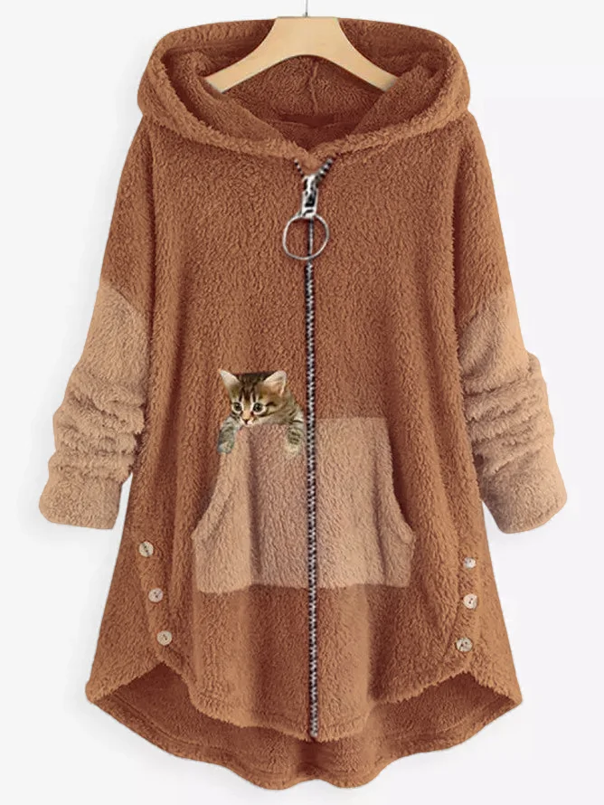 Women Color Block Cat Print Fleece Fluff/Granular Zipper Hoodie Coat With Button Pockets