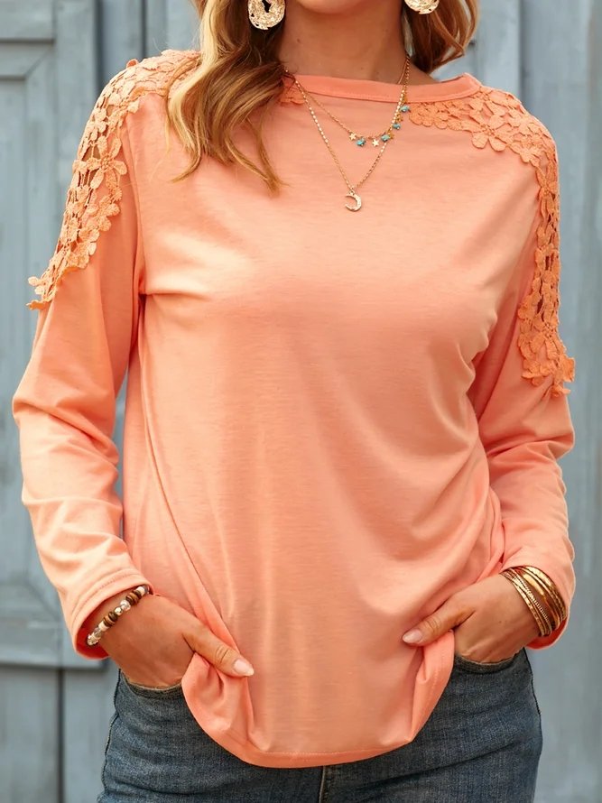 Women Plain Hollow Out Lace Crew Neck Long Sleeve Top