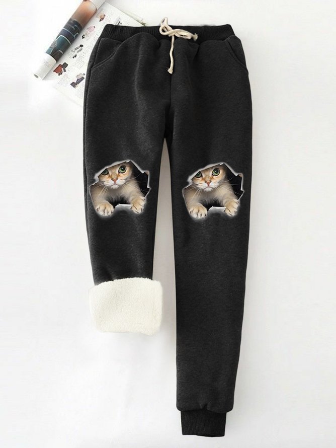 Women Funny Cat Winter Warm Fleece Joggers Pants Thermal Athletic Active Sweatpants