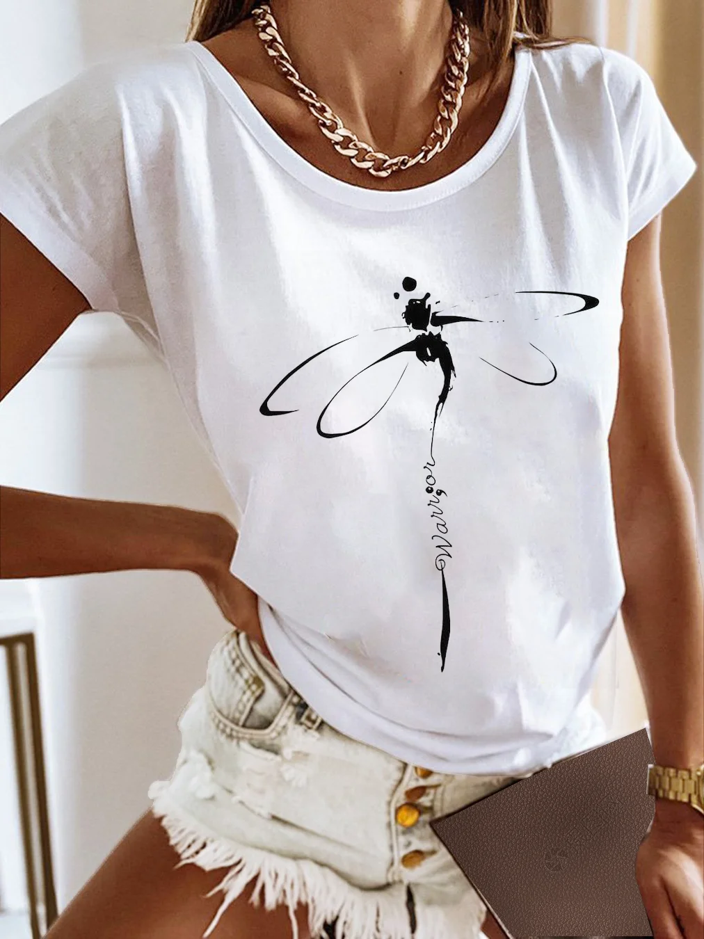 Women Dragonfly Crew Neck Casual Short Sleeve T-shirt