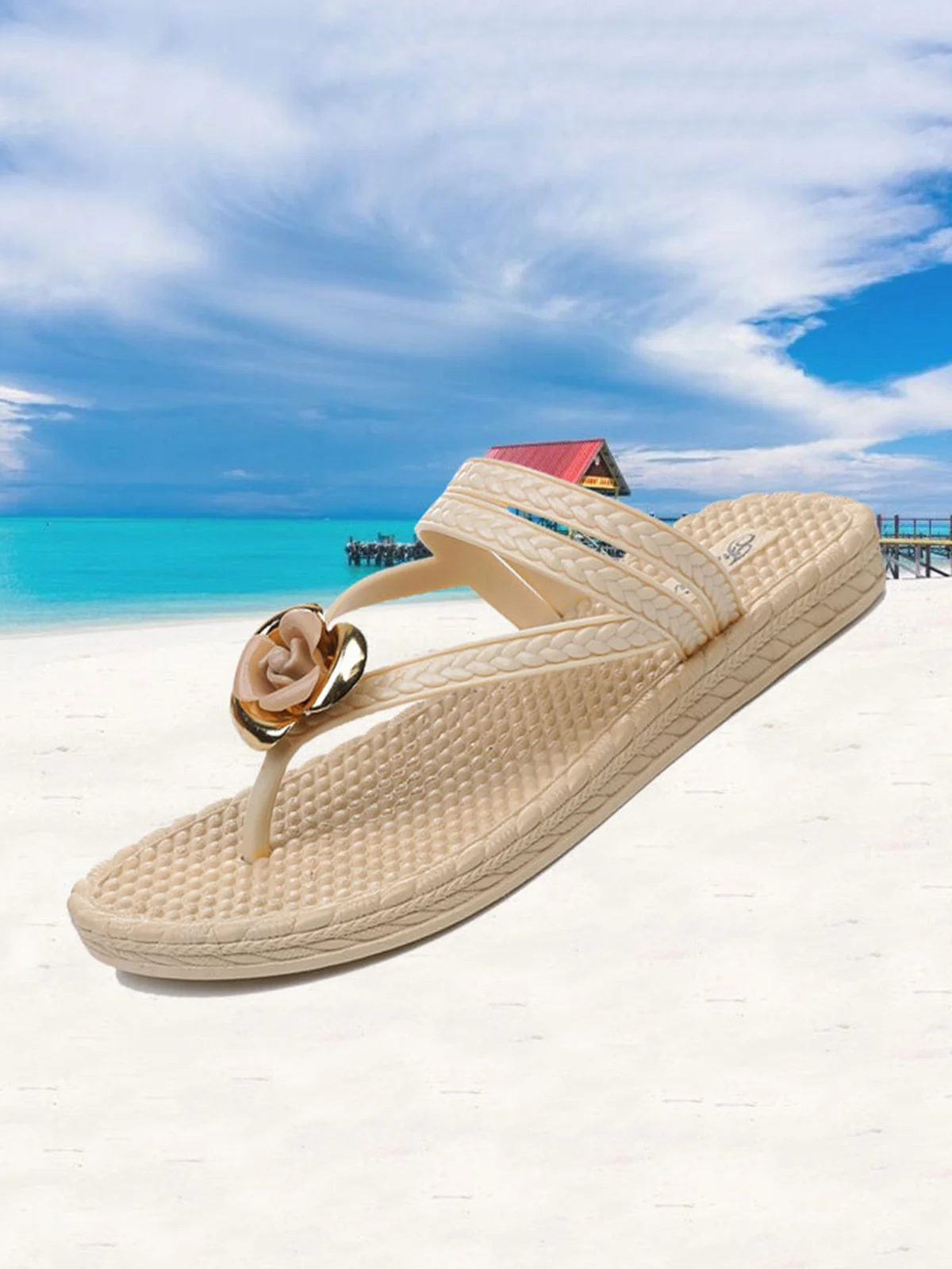 Vacation Floral Pattern Braided Strap Beach Flip Flops