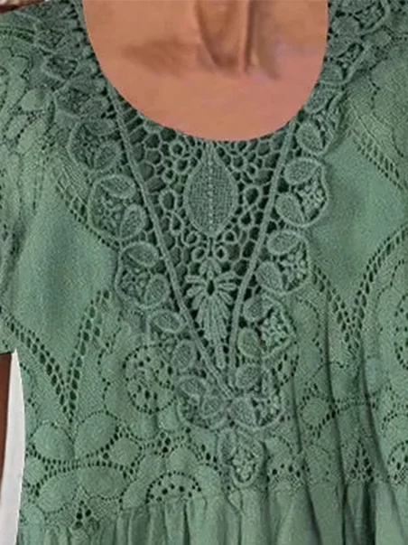 Women Elegant Lace Pockets Crew Neck Short sleeve Loose Green Dress