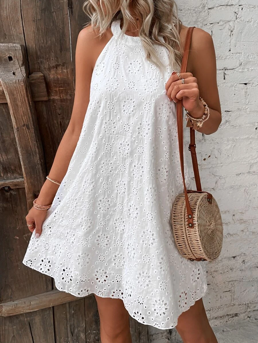 Eyelet Embroidery Keyhole Back Halter Neck Summer Vacation Dress