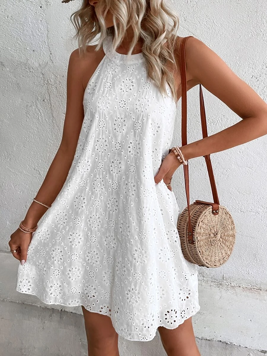 Eyelet Embroidery Keyhole Back Halter Neck Summer Vacation Dress