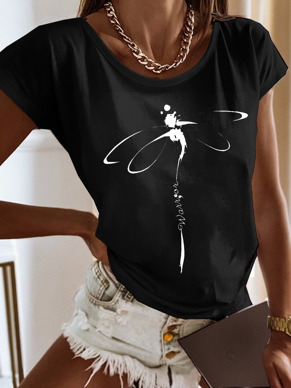 Women Dragonfly Crew Neck Casual Short Sleeve T-shirt