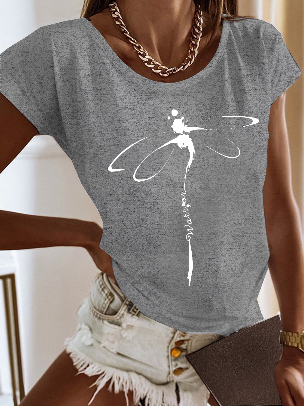 Women Dragonfly Crew Neck Casual Short Sleeve T-shirt