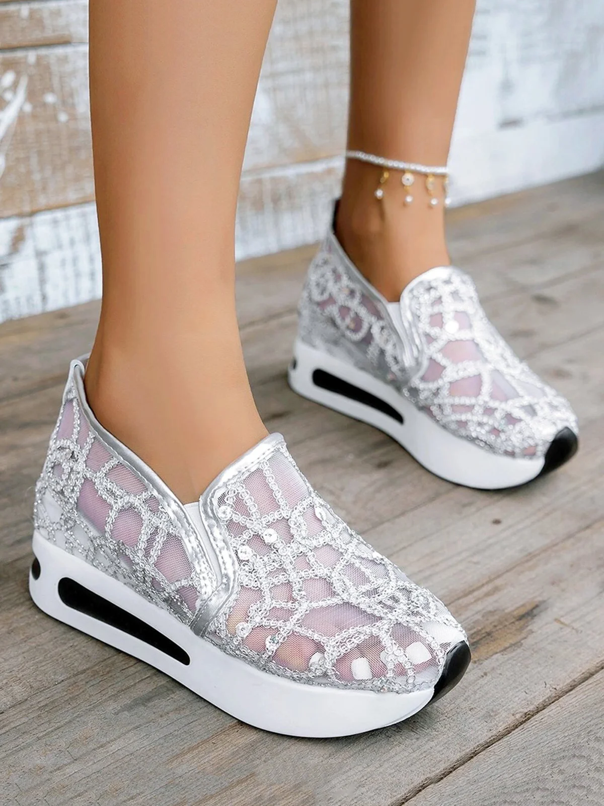 Fashion Sequin Breathable Mesh Slip On Platform Sneakers