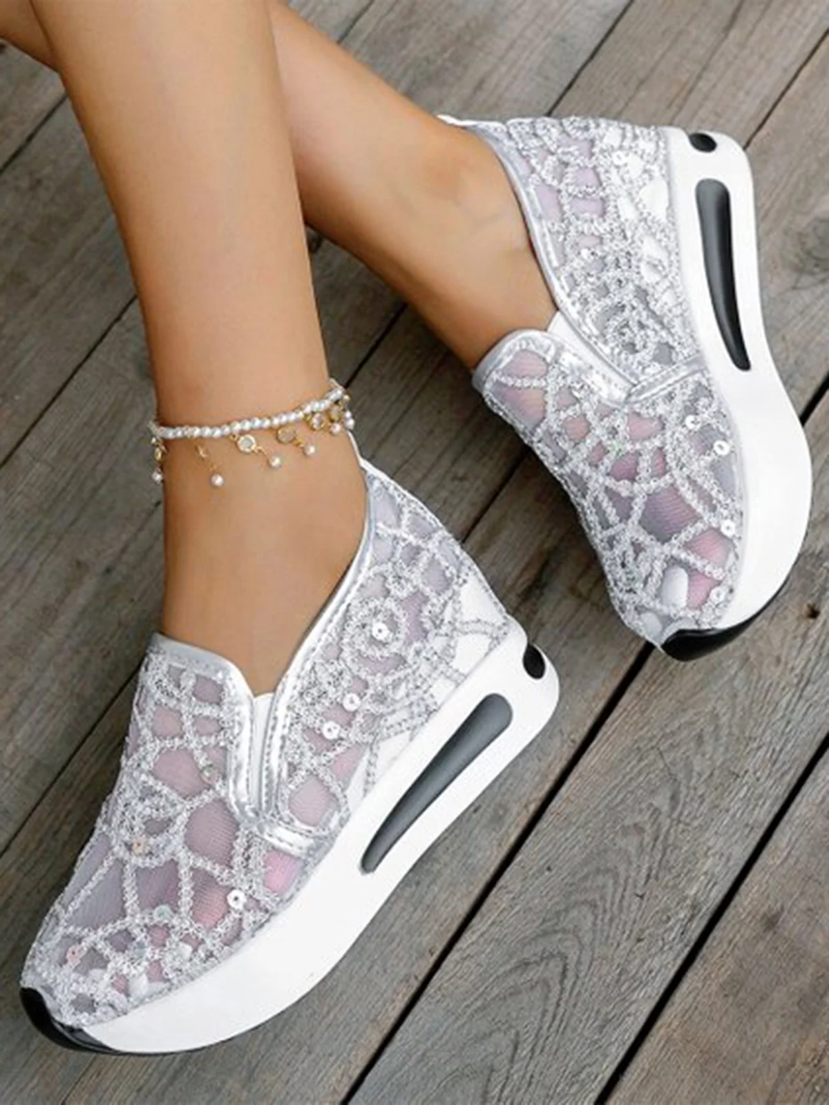 Fashion Sequin Breathable Mesh Slip On Platform Sneakers