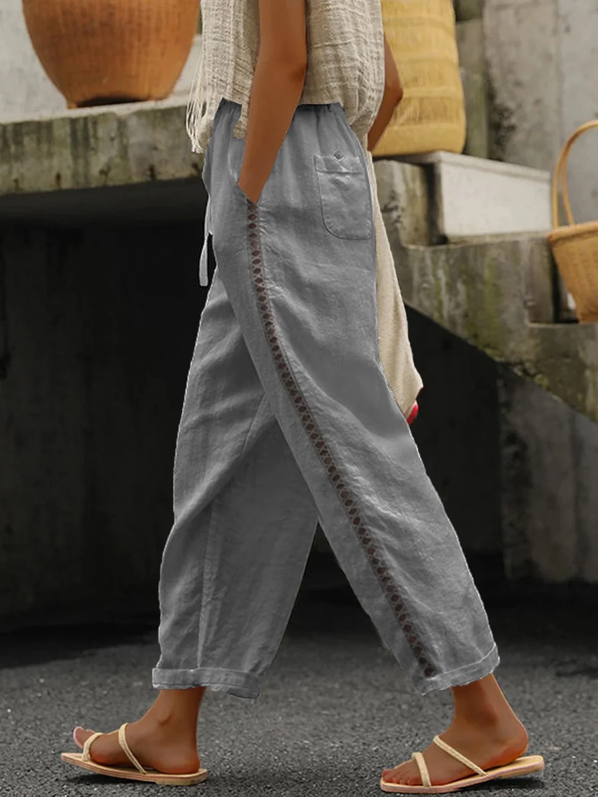 Loose Casual Hollow Out Lace Pockets Drawstring Waist Plain Pants