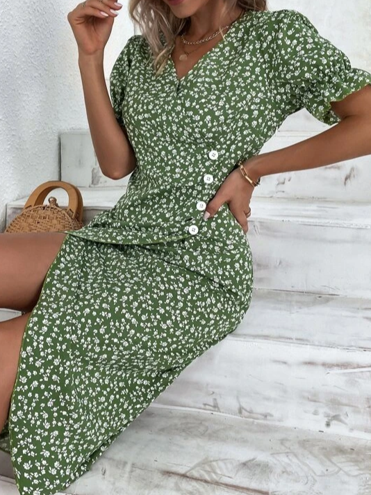 Vacation Floral V Neck Dress