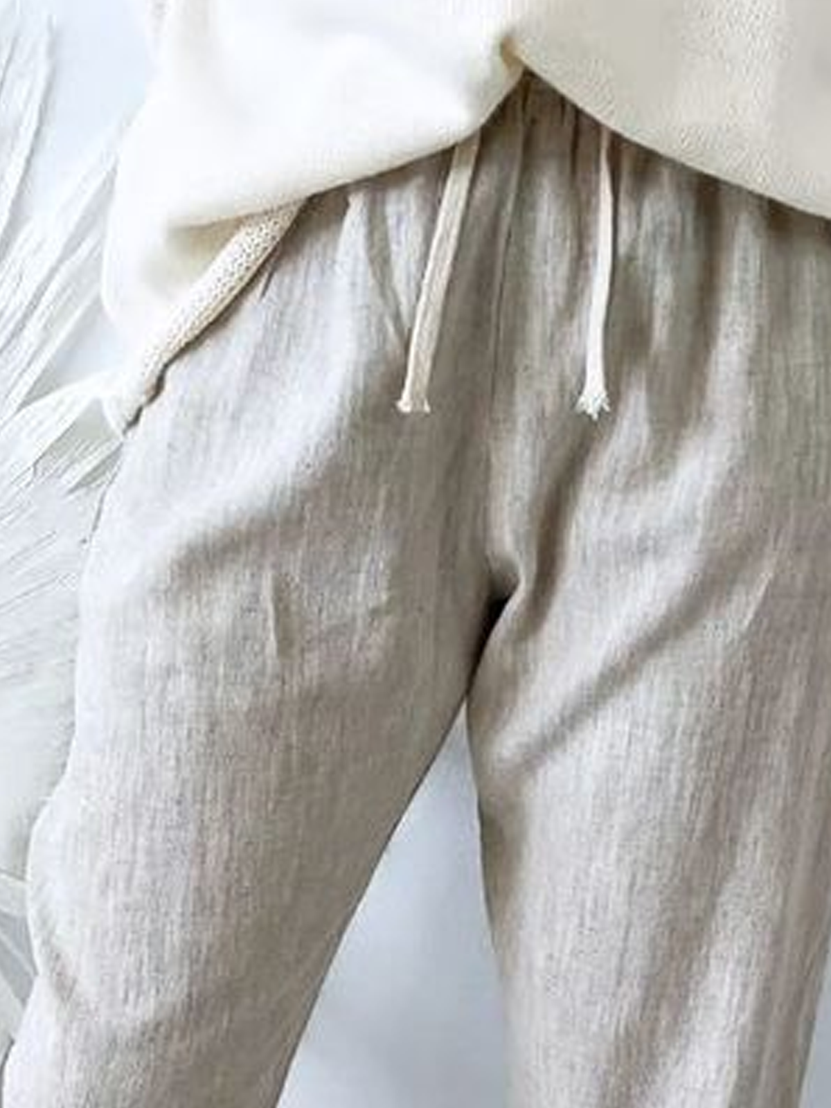 Women Drawstring Wasit Casual Pockets Gray Cotton And Linen Pants