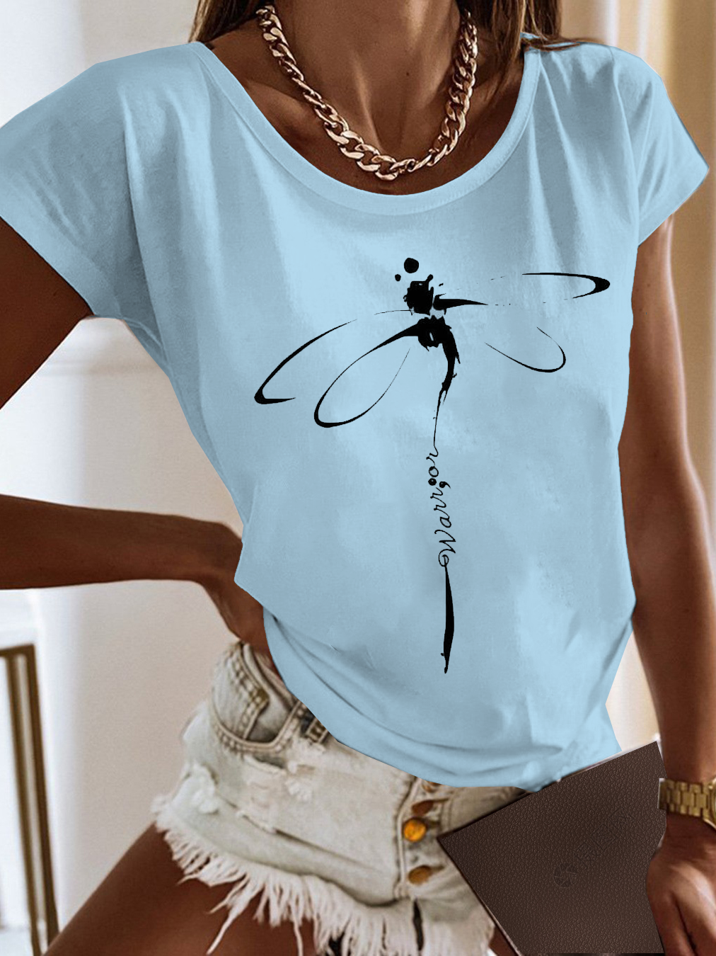 Women Dragonfly Crew Neck Casual Short Sleeve T-shirt