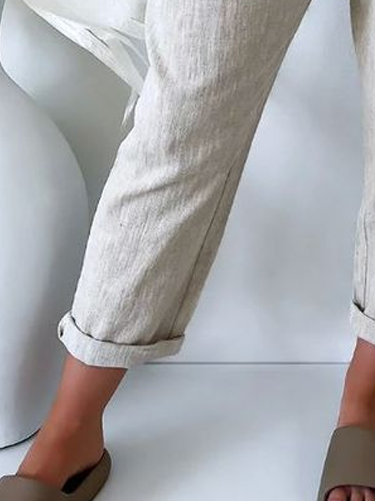 Women Drawstring Wasit Casual Pockets Gray Cotton And Linen Pants