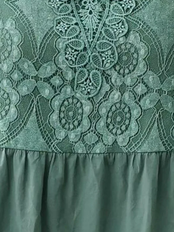 Women Elegant Lace Pockets Crew Neck Short sleeve Loose Green Dress