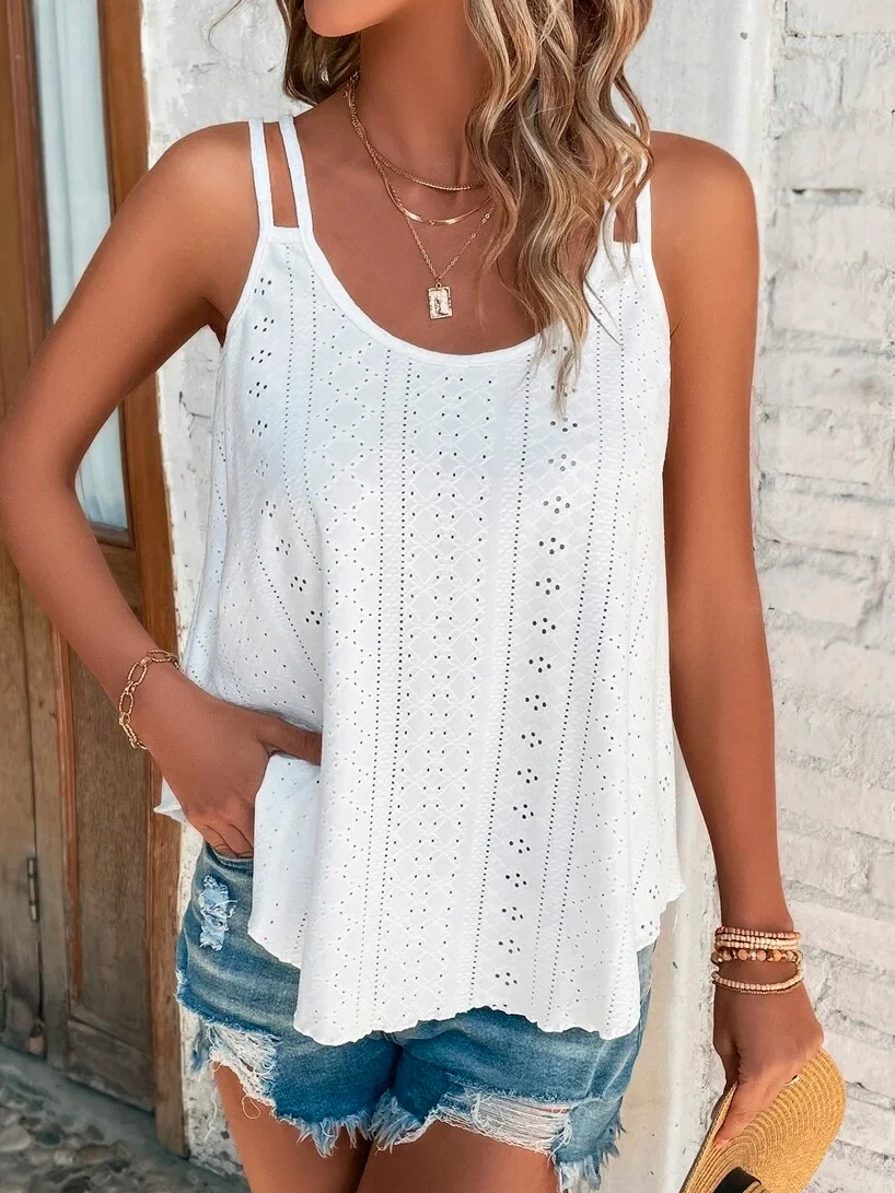 Women Casual Plain Summer Sleveness Eyelet Embroidery Tank Top Cami Top