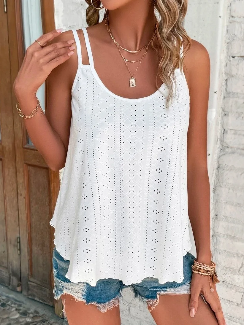 Women Casual Plain Summer Sleveness Eyelet Embroidery Tank Top Cami Top