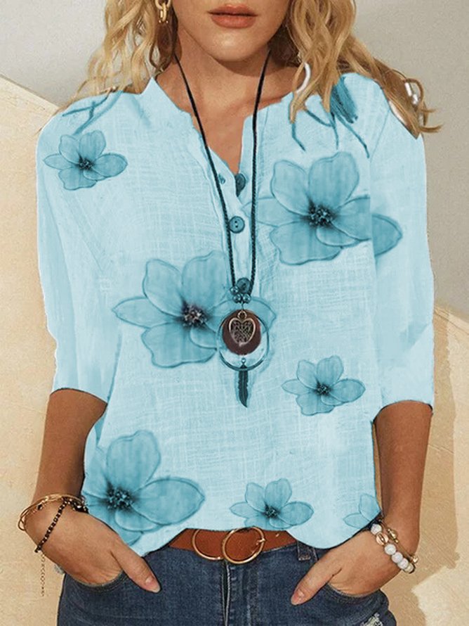 Women's Shirt Blouse Linen Floral Blue Button Casual Shirt Collar Half Sleeve Tops