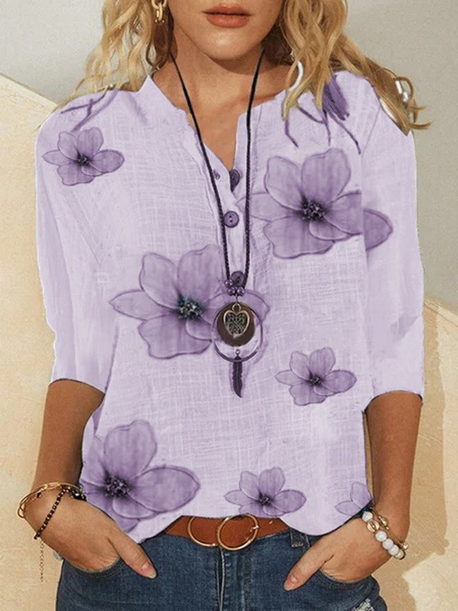 Women's Shirt Blouse Linen Floral Blue Button Casual Shirt Collar Half Sleeve Tops