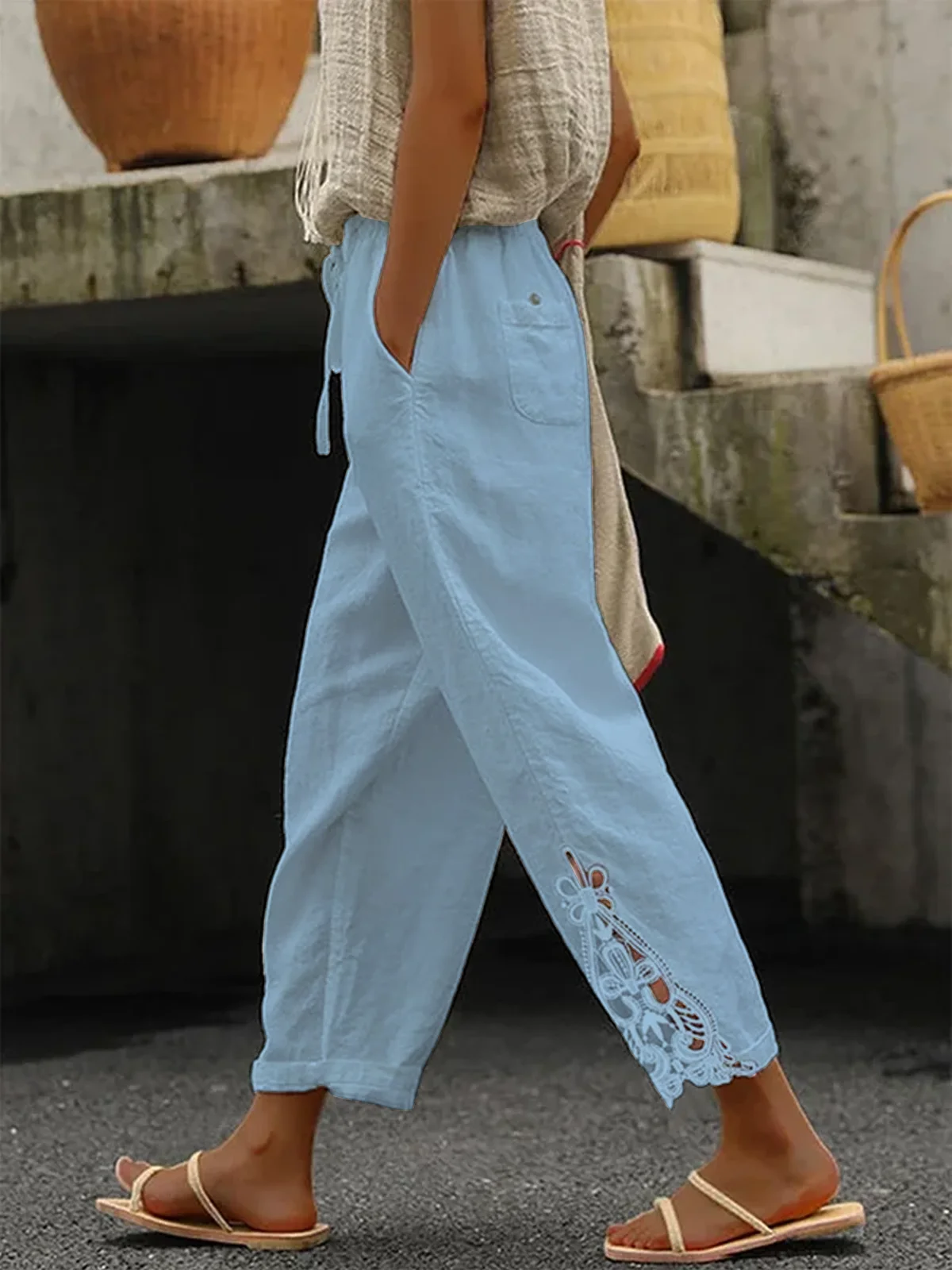 Loose Casual Pockets Drawstring Waist Hollow Out Lace Plain Linen Pants