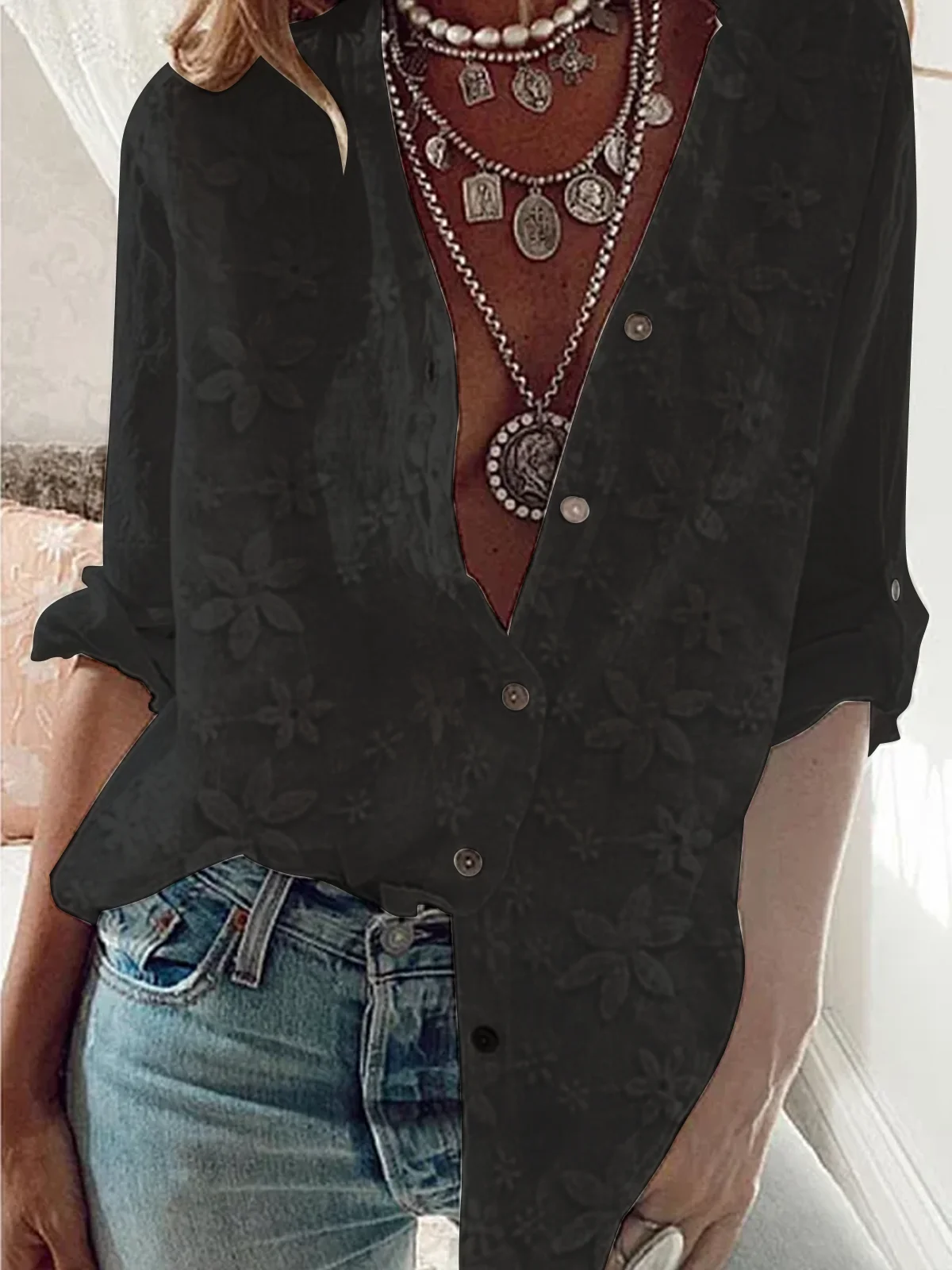 Women's Shirt Blouse Lace Floral Button Long Sleeve Daily Weekend Streetwear Casual Standing Collar Regular