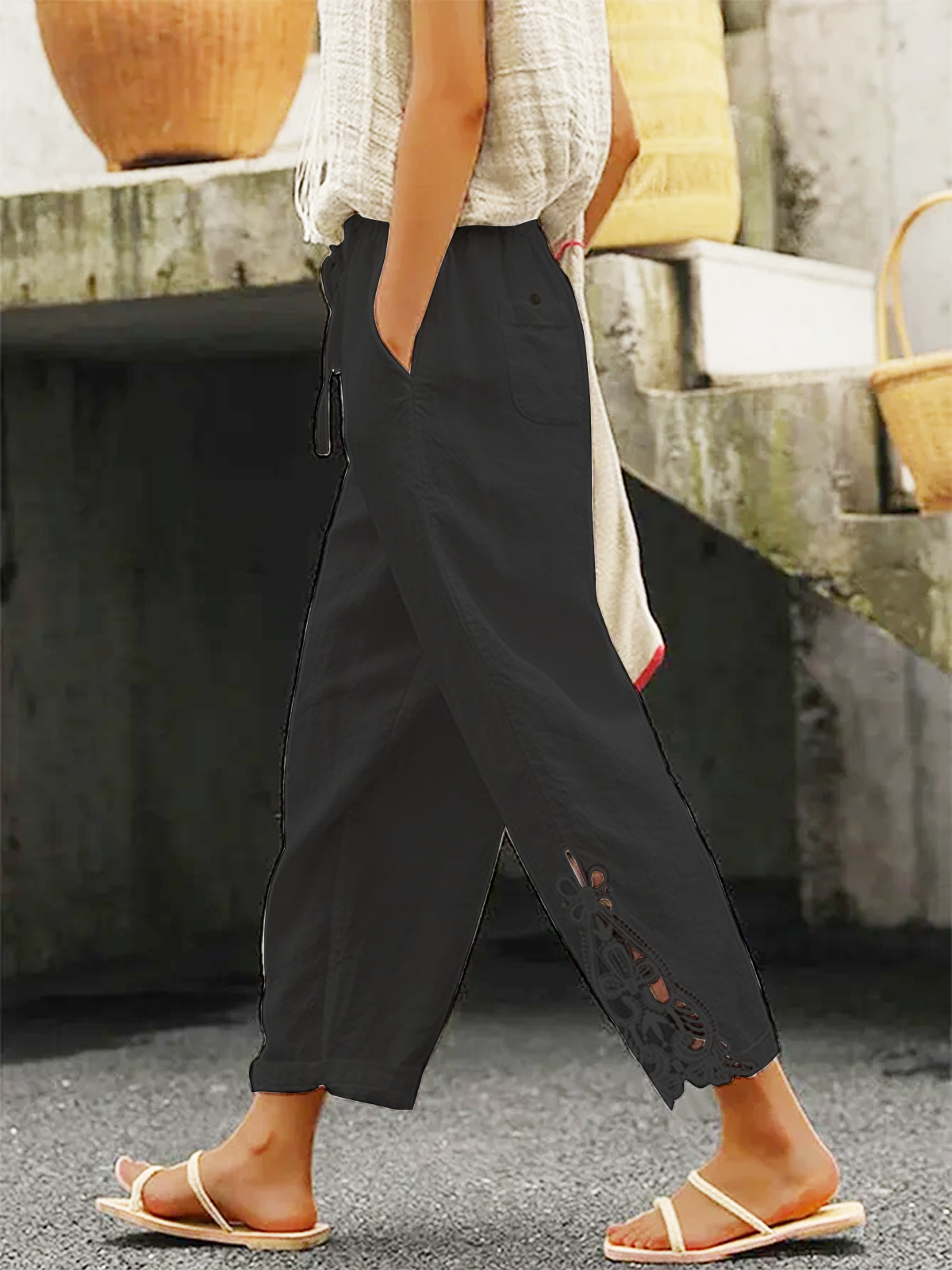 Loose Casual Pockets Drawstring Waist Hollow Out Lace Plain Linen Pants