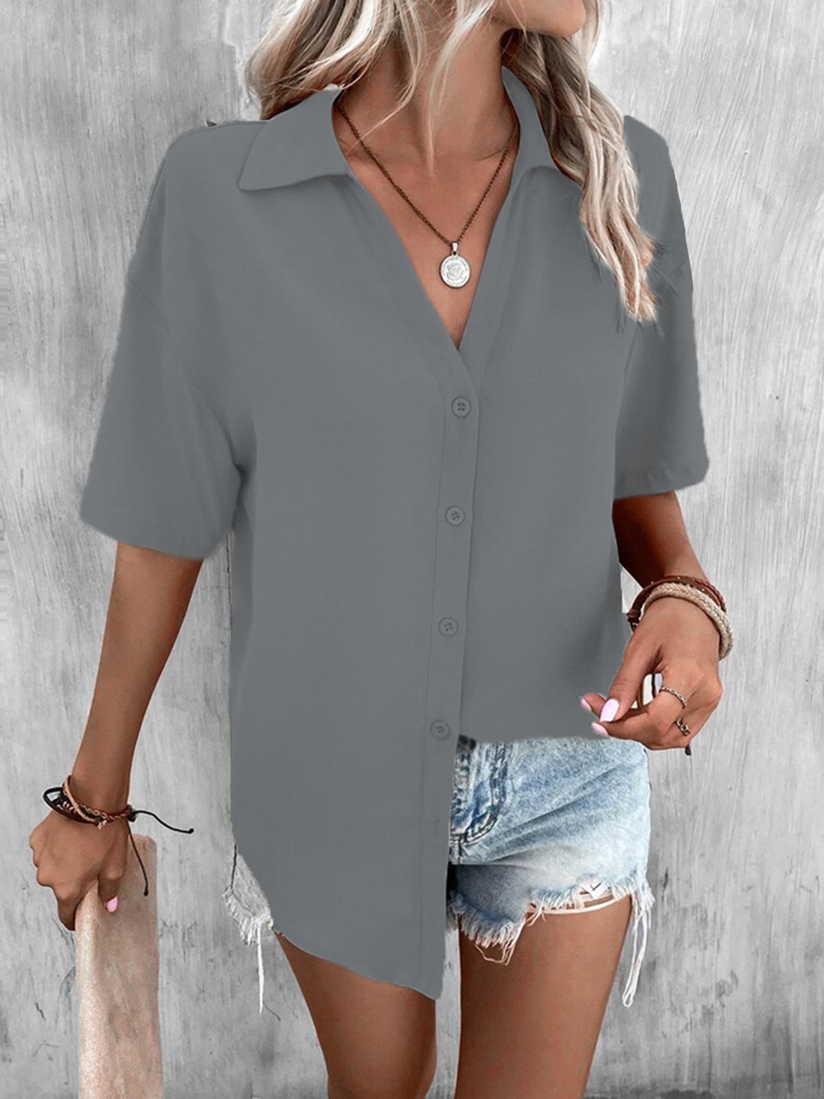 Casual Loose Shirt Collar Plain Blouse