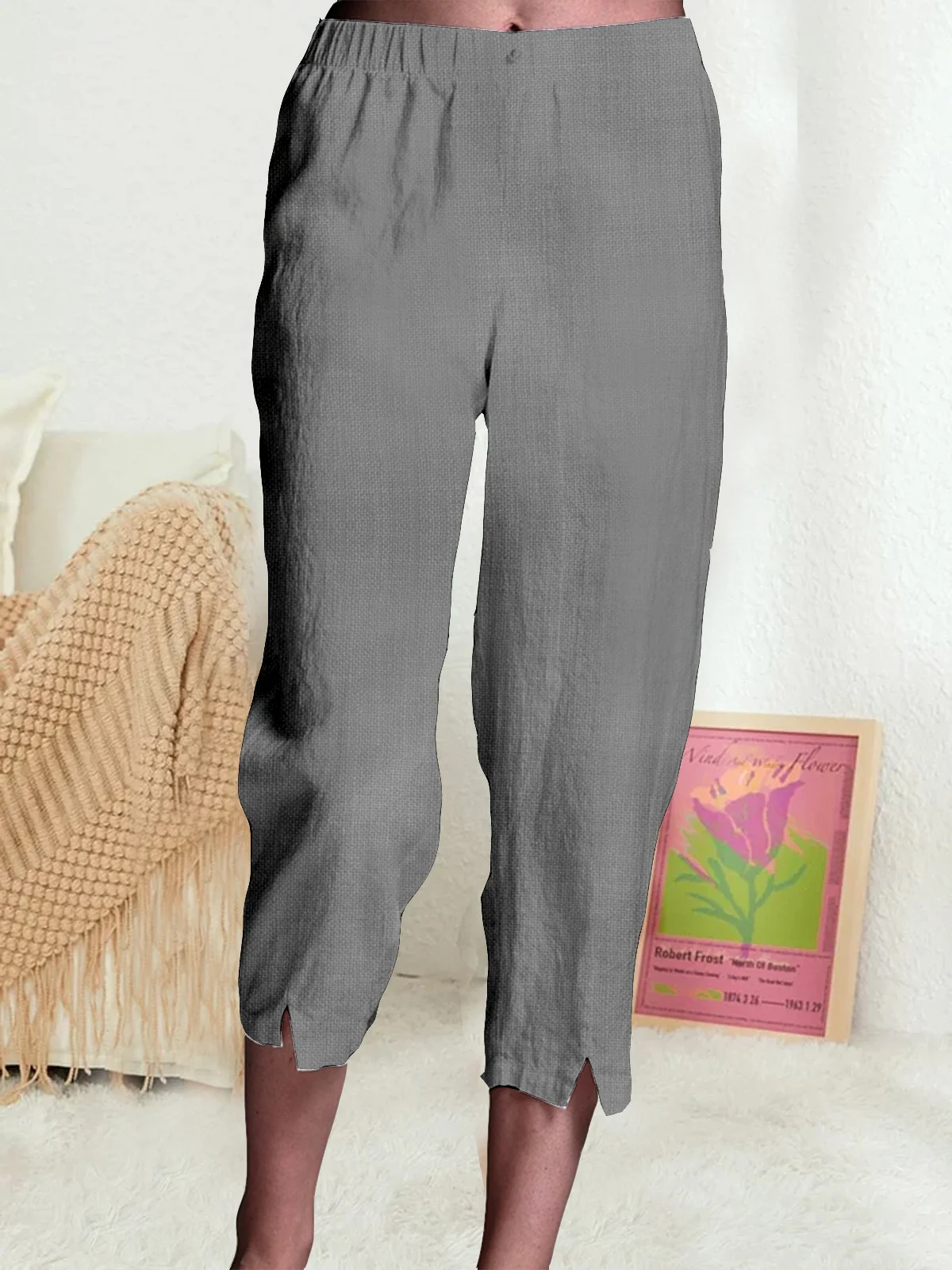 Summer Casual Loose Elastic Waist Plain Capris Linen Pants