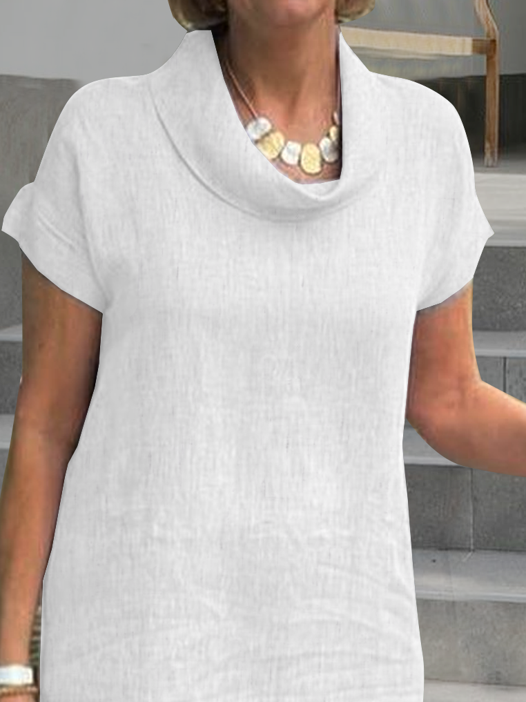 Women Casual Summer Cowl Neck Short Sleeve Loose Plain Cotton and Linen Dress