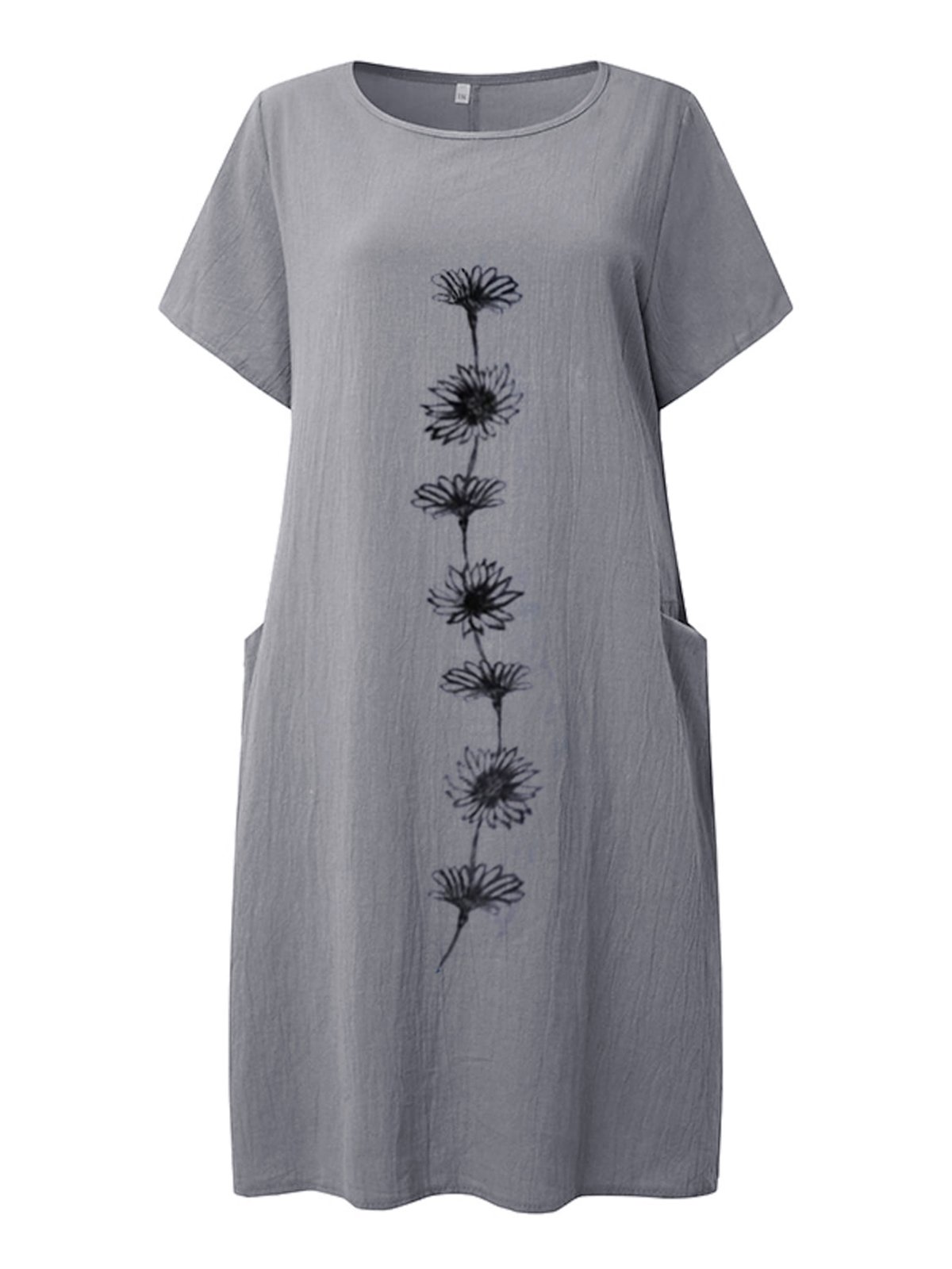 Women Summer Floral Pockets Short Sleeve Crew Neck Cotton Linen Dress