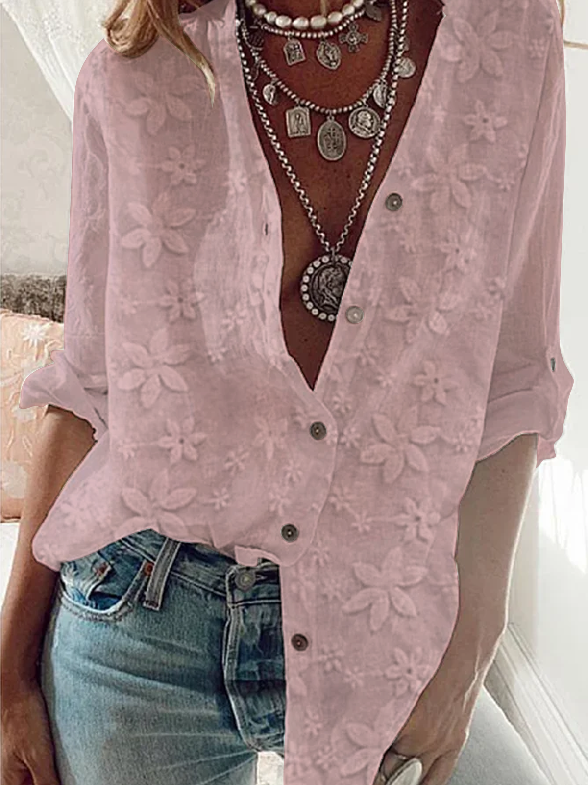 Women's Shirt Blouse Lace Floral Button Long Sleeve Daily Weekend Streetwear Casual Standing Collar Regular