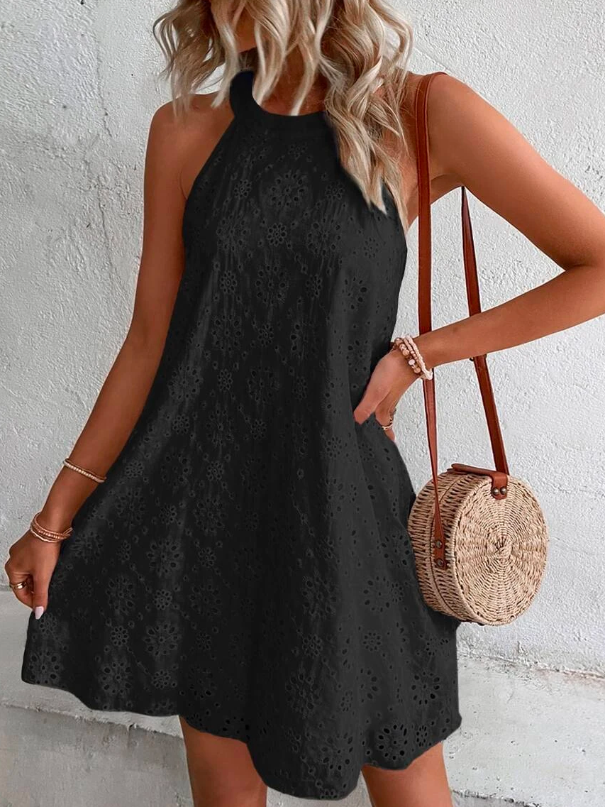 Eyelet Embroidery Keyhole Back Halter Neck Summer Vacation Dress