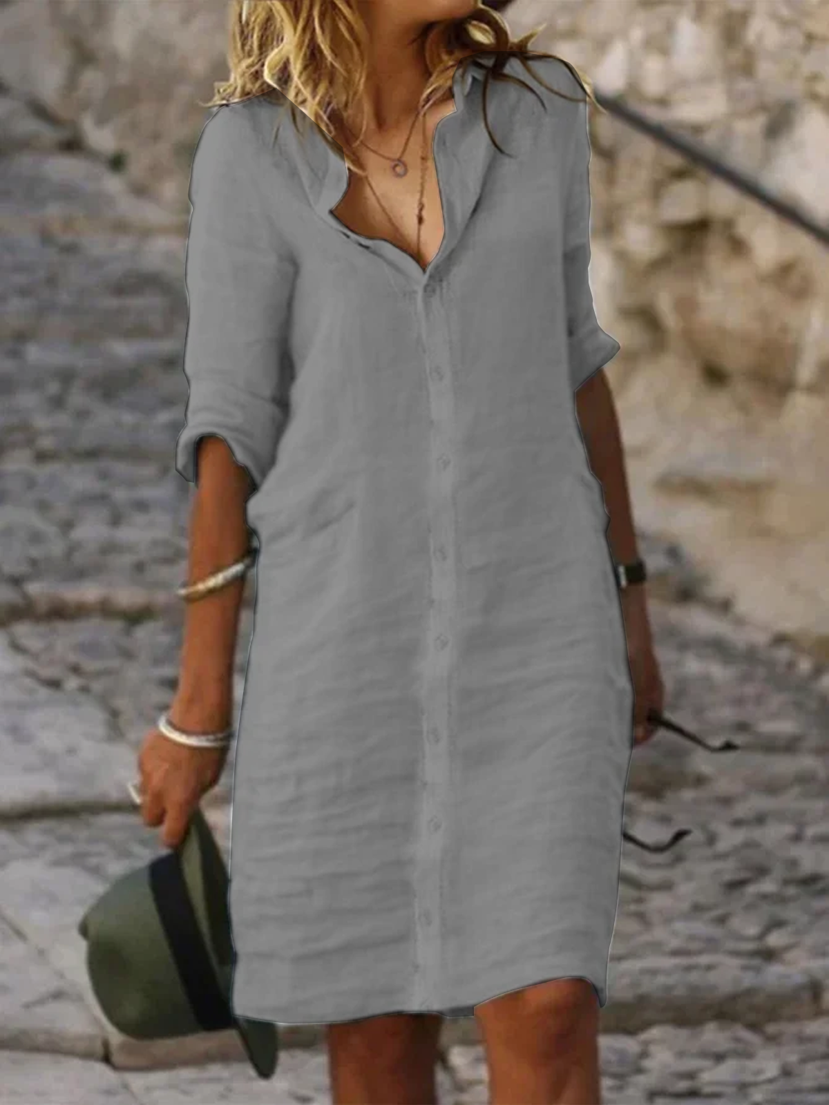 Women Casual Loose Half Sleeve Button Down Shirt Collar Plain Cotton and Linen Shirt Dress