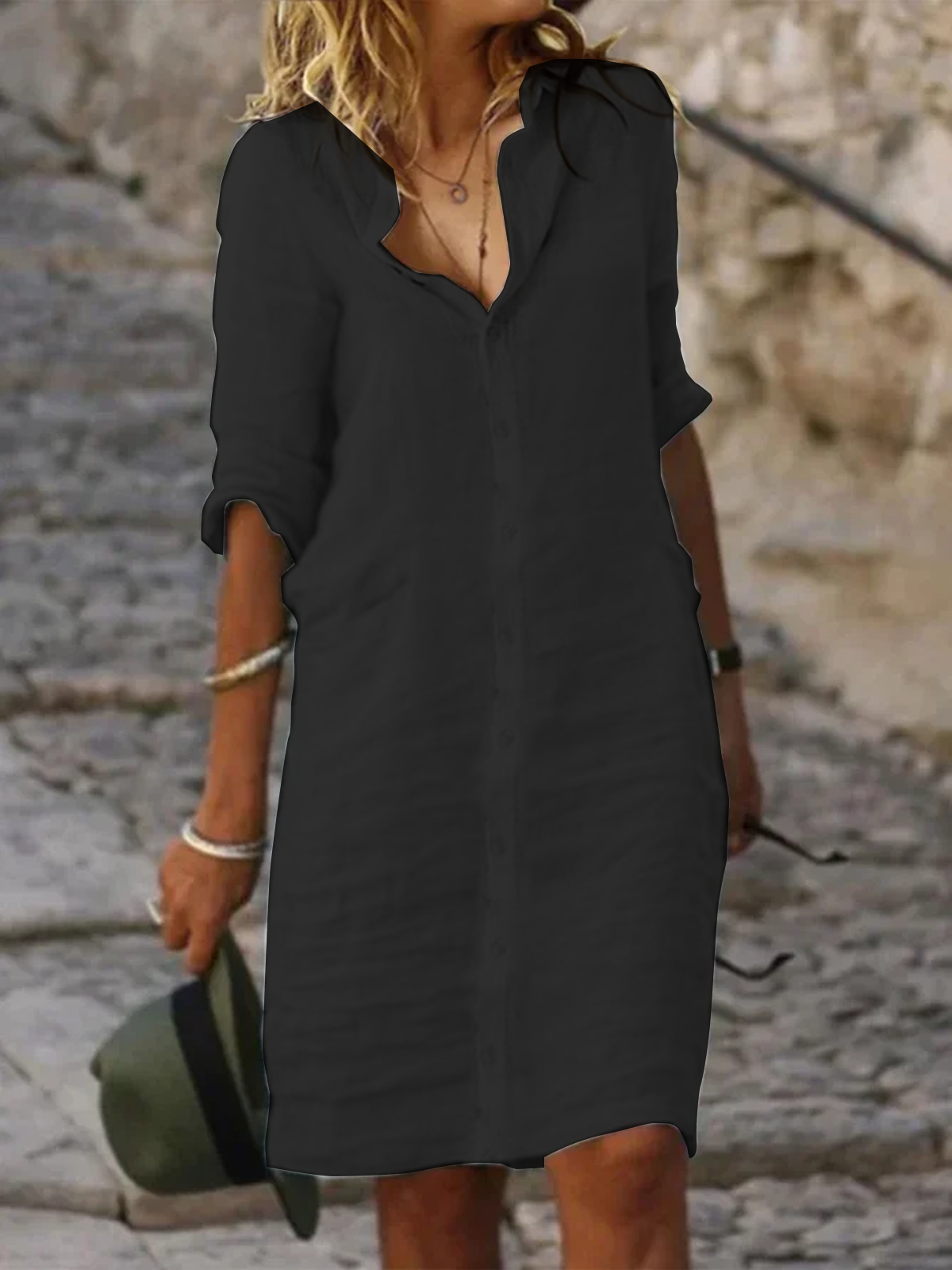 Women Casual Loose Half Sleeve Button Down Shirt Collar Plain Cotton and Linen Shirt Dress