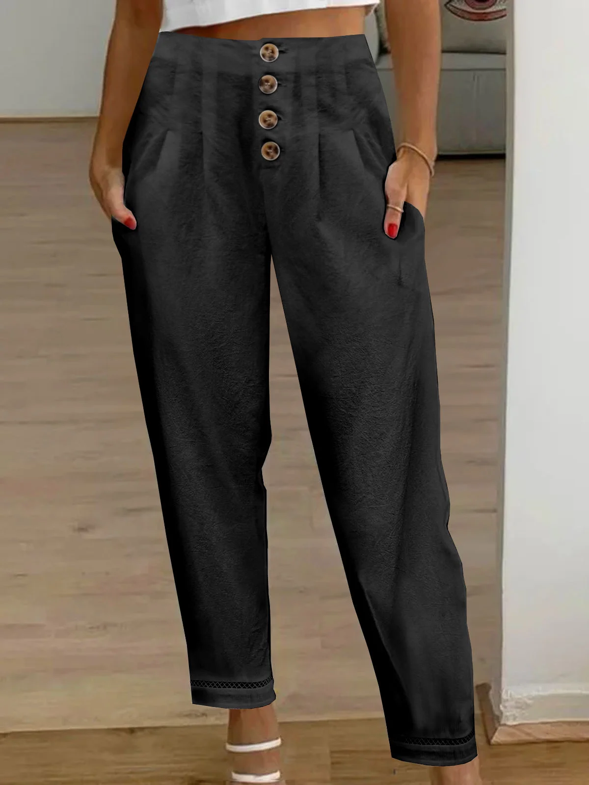 Women Elegant Button High Waist Hollow Out Lace Hem Pockets Cargo Pants