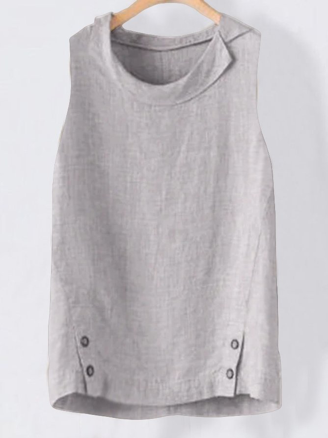 Casual Asymmetrical Neck Plain Button Sleeveless Summer Tank Top