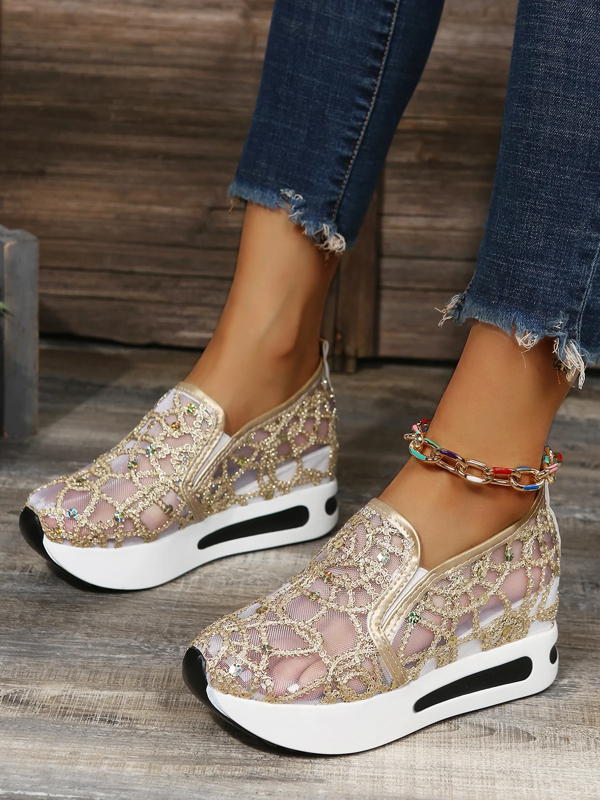 Fashion Sequin Breathable Mesh Slip On Platform Sneakers