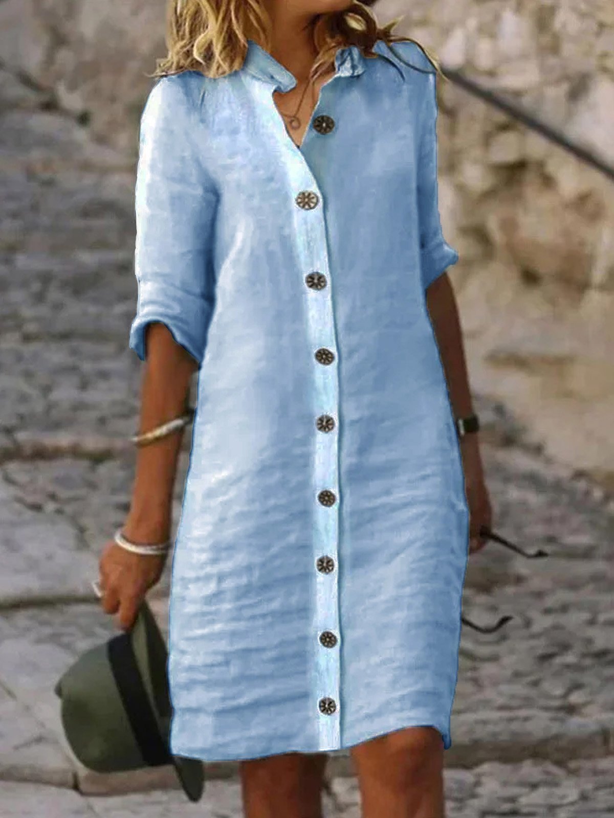 Women Casual Loose Three Quarter Sleeve Button Down Shirt Collar Plain Cotton and Linen Shirt Dress