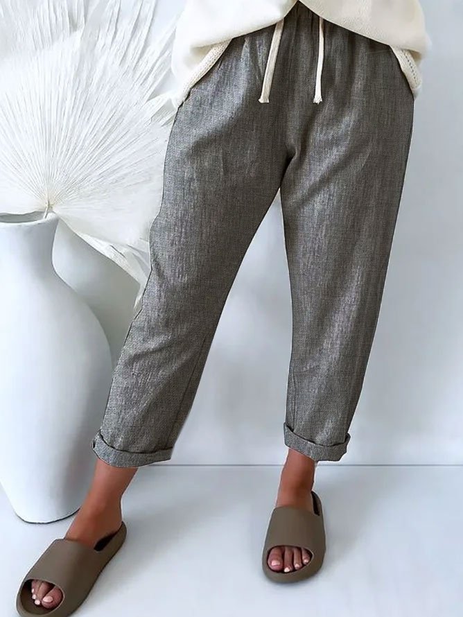 Women Drawstring Wasit Casual Pockets Gray Cotton And Linen Pants